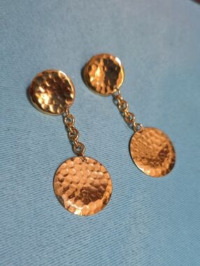 Gold-Tone Hammered Double Disc Drop Clip On Earrings - Women Jewelry